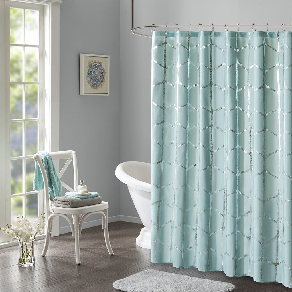 Raina - Printed Metallic Shower Curtain - Aqua / Silver