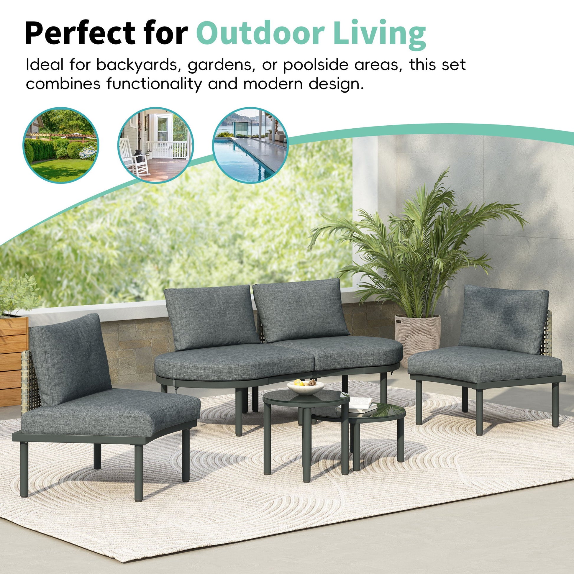 6 Piece Patio Set, Half Moon Outdoor Sectional Sofa With 2 High Low Coffee Tables, 4 Pillows & Cushions Hearth and Haven