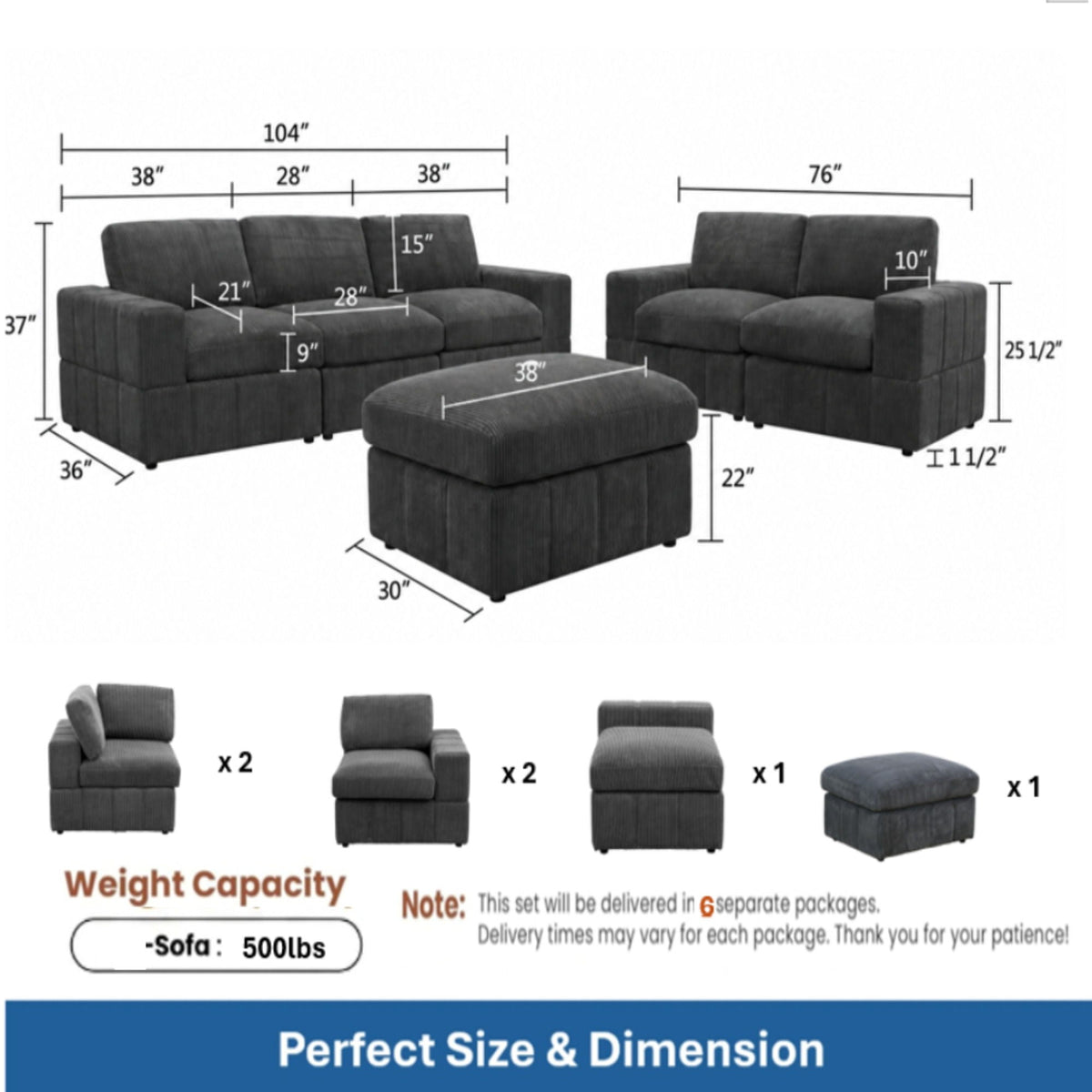 Oversized Modular Sectional Sofa Set With Loveseat & Ottoman, 6 Piece Living Room Furniture - Dark Gray Home Essentials