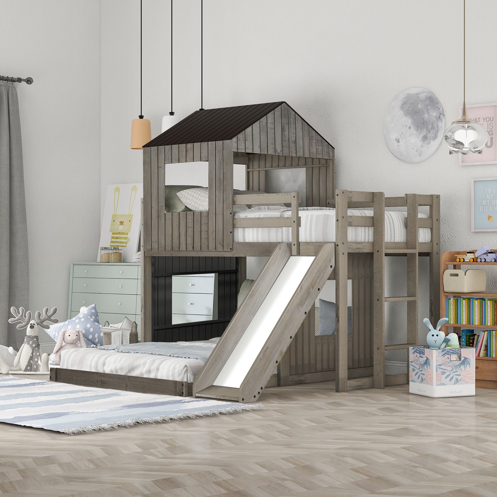 Loft Bunk Bed With Playhouse, Farmhouse, Ladder, Slide And Guardrails DreamHaus