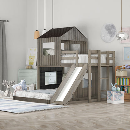 Loft Bunk Bed With Playhouse, Farmhouse, Ladder, Slide And Guardrails DreamHaus