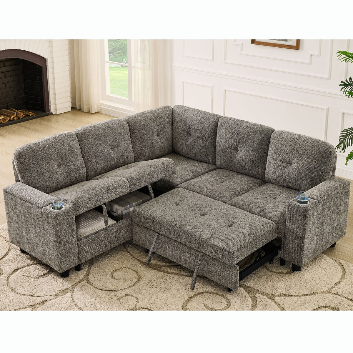 5 Seat Reversible L - Shaped Sleeper Sofa, Pull Out Convertible Sectional Couch With Storage, USB C - Charger, Cup Holders Modular Sofa Bed - Gray Home Essentials
