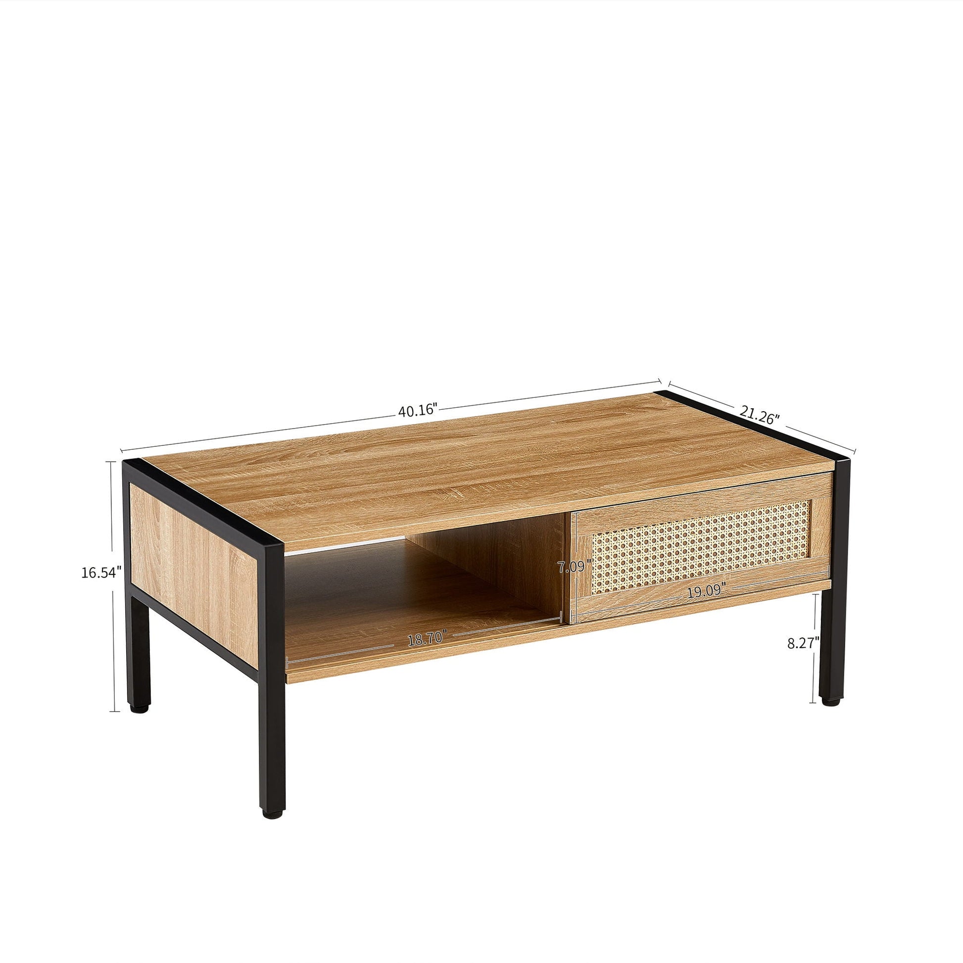 40.16" Rattan Coffee Table, Sliding Door For Storage, Metal Legs, Modern Table For Living Room Home Essentials