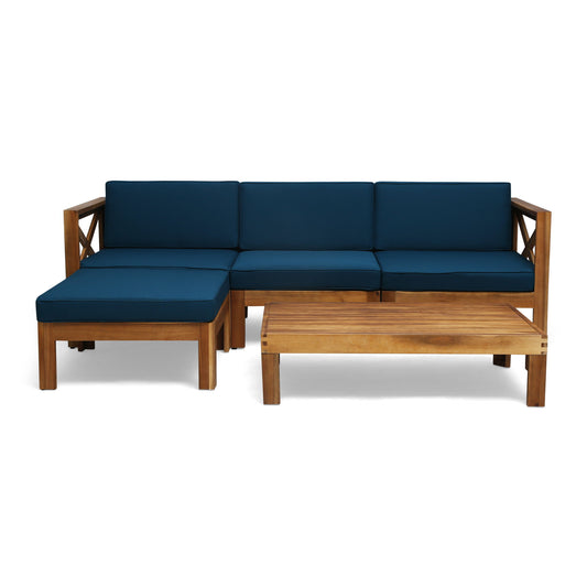 Radiat 5 Piece Outdoor L Shaped Sof Set With Coffee Table And Water Resistant Cushions - Teak Noble House