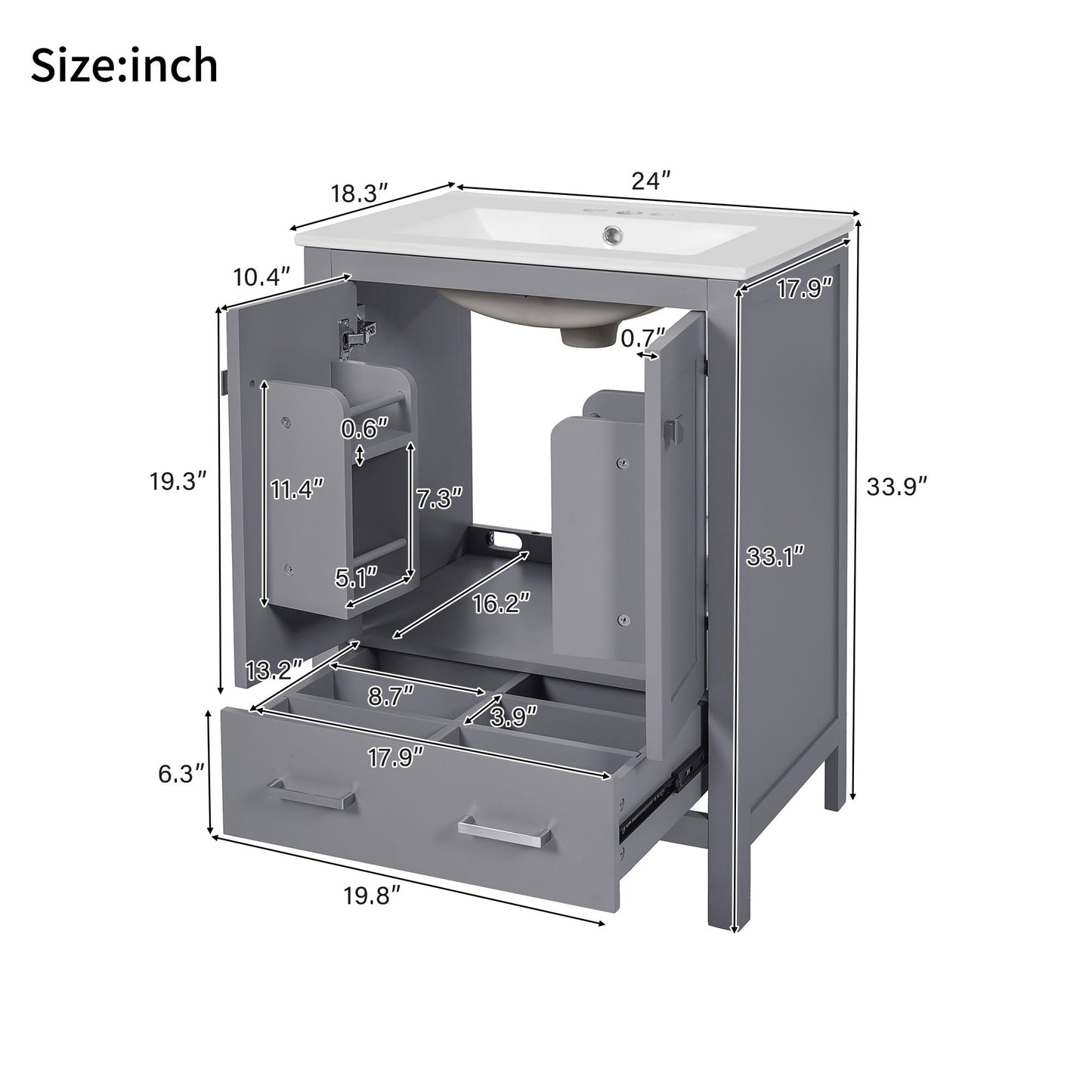 Bathroom Vanity With Integrated Undermount Ceramic Sink, 2 Doors And 1 Drawer, Soft Close Hinges Hearth and Haven