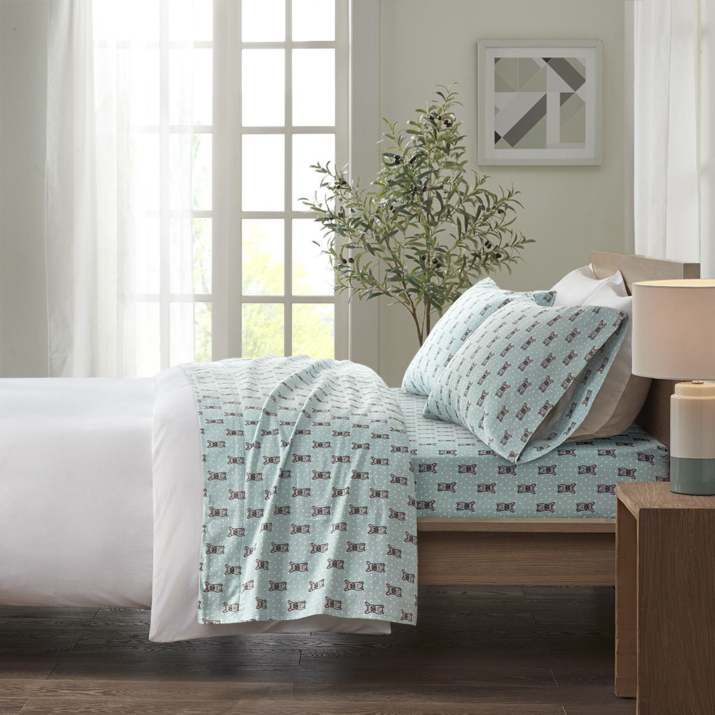 Twin Long Cozy 100% Printed Sheet Set - Aqua French Bulldog True North by Sleep Philosophy