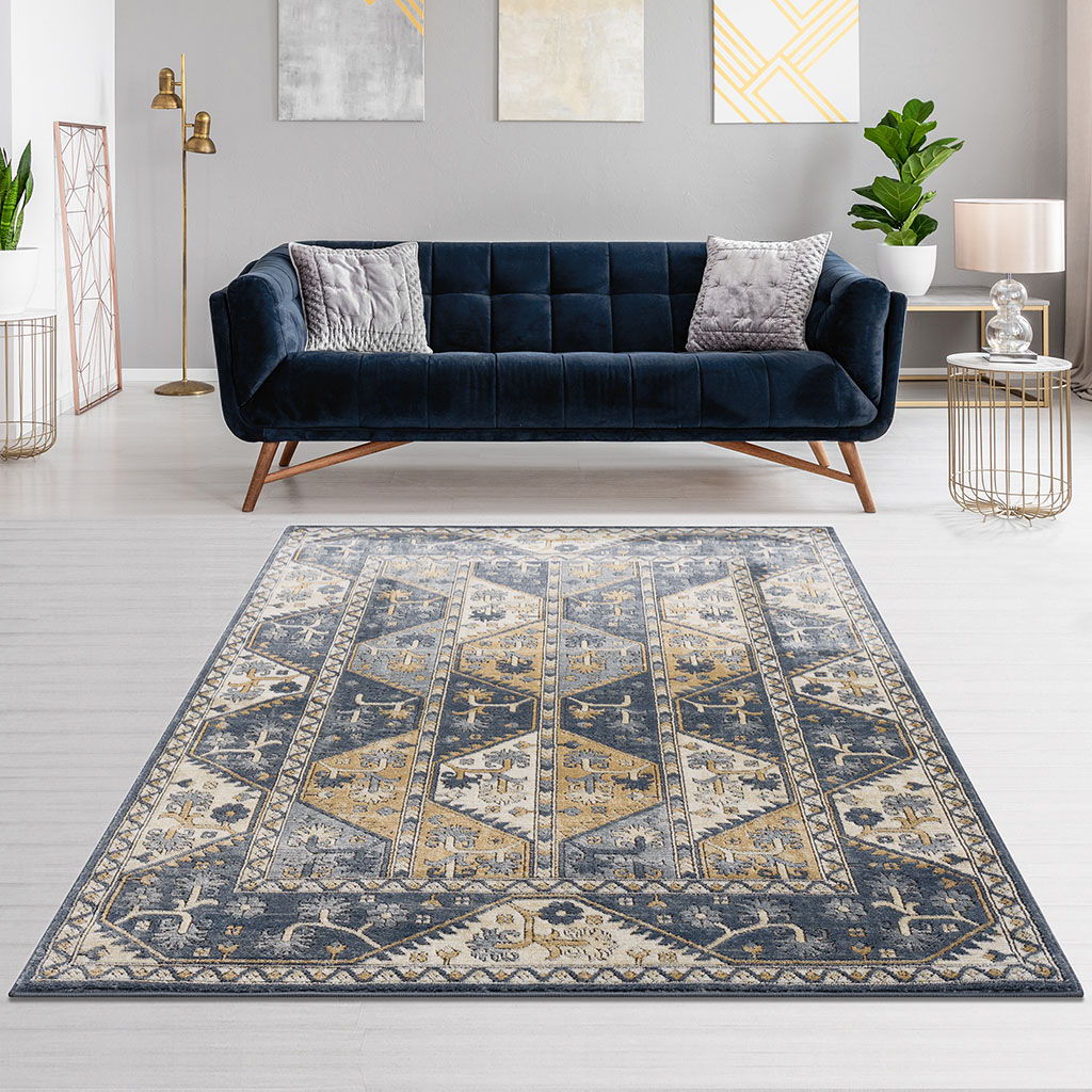 Dakota - 5' X 7' Tiled Border Area Rug - Blue / Cream