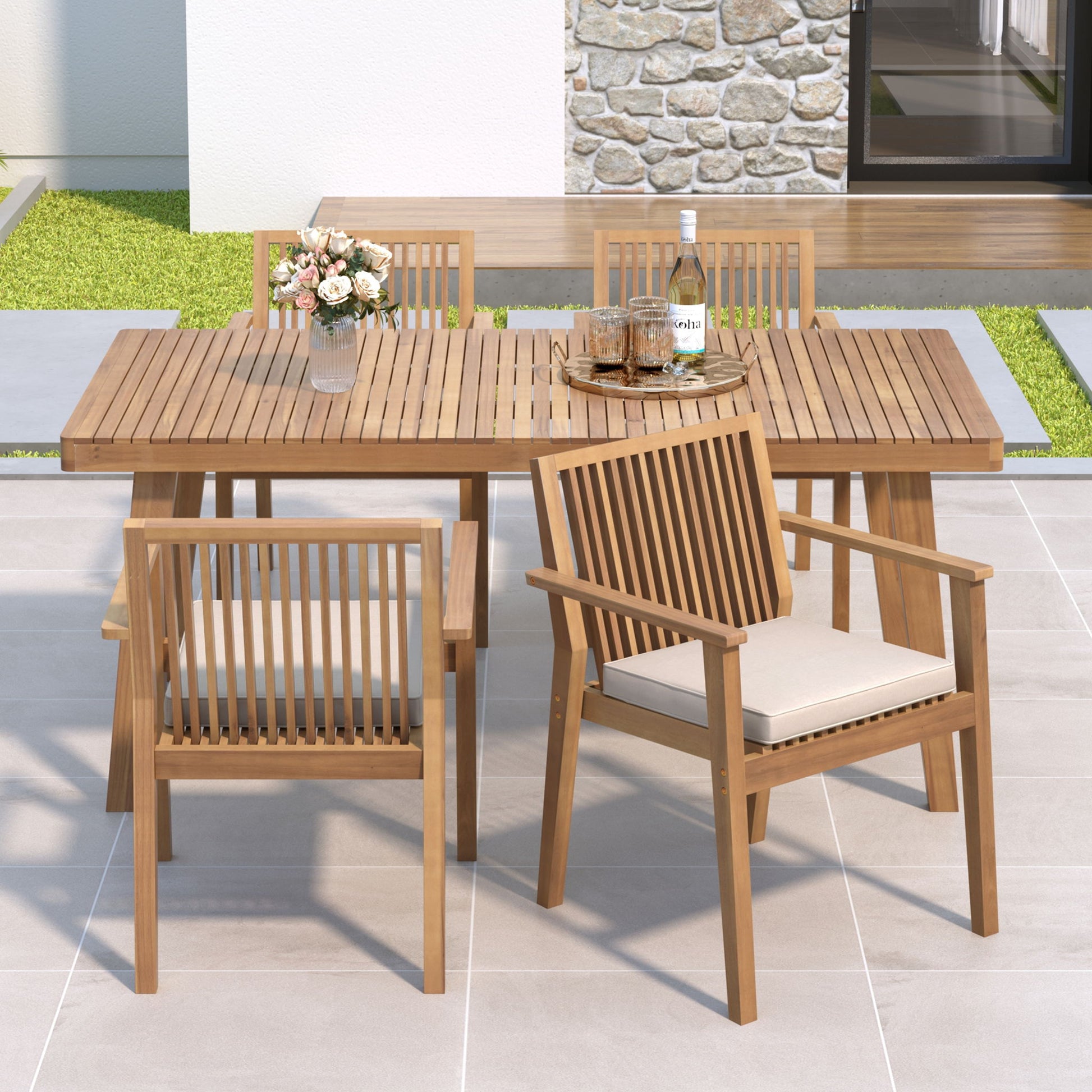 5 Piece Patio Furniture Set Acacia Wood Table And 4 Heavy Duty Cushioned Chairs Noble House