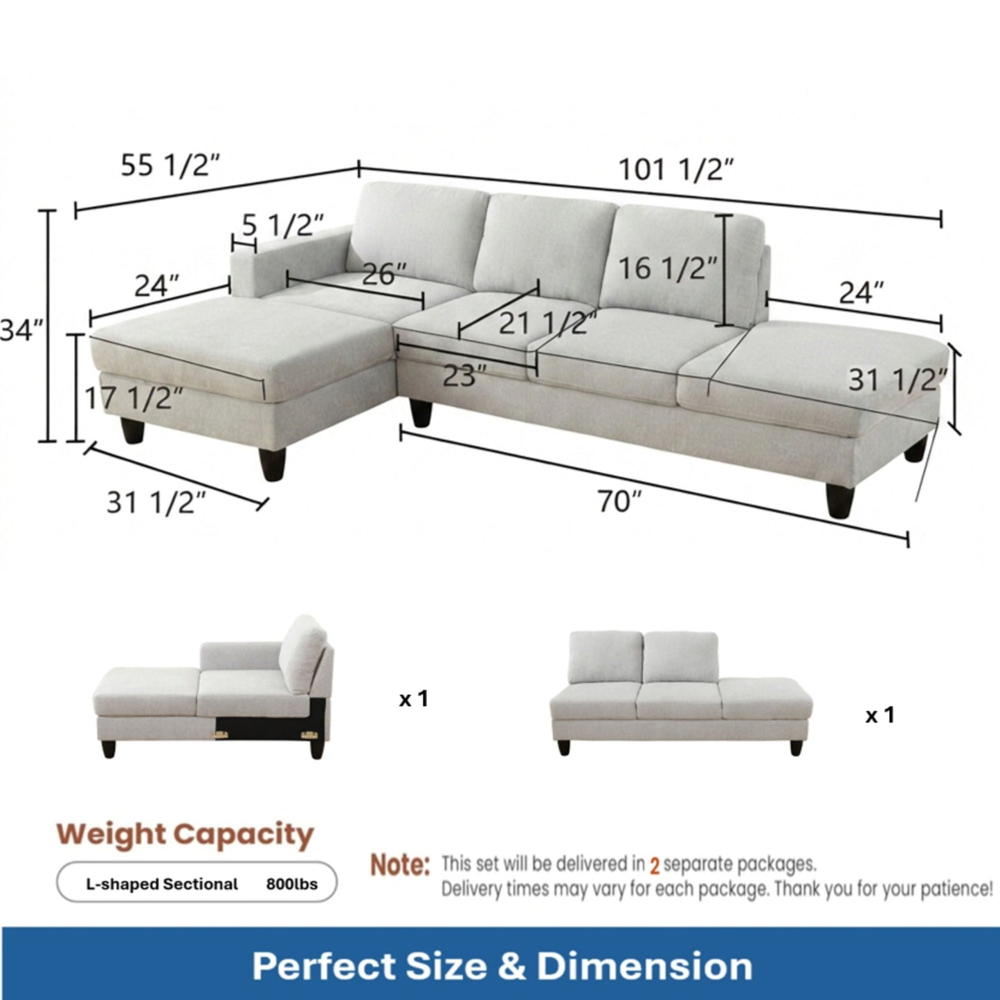 2 Piece L - Shaped Left Chaise Sectional Sofa With Ottoman, Living Room Furniture - White / Gray Home Essentials
