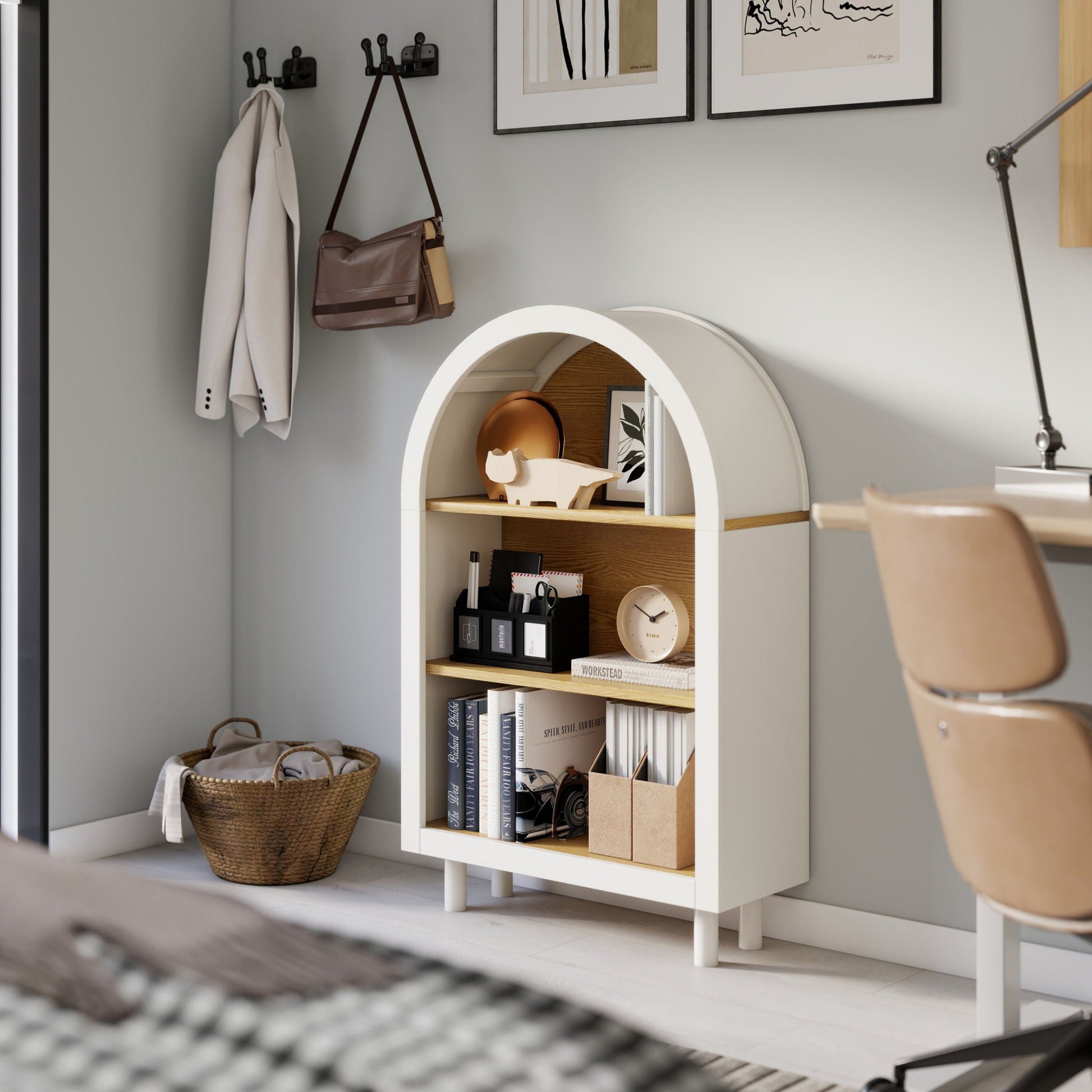 Arched Small Bookcase, Storage Cabinet, Bookshelf With 3 Shelves For Living Room - Oak / White Home Essentials