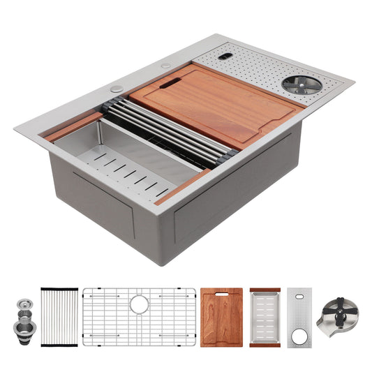 Single Bowl Workstation Kitchen Sink With Cup Washer 16 Gauge Stainless Steel - Black / Gray Daily Nest
