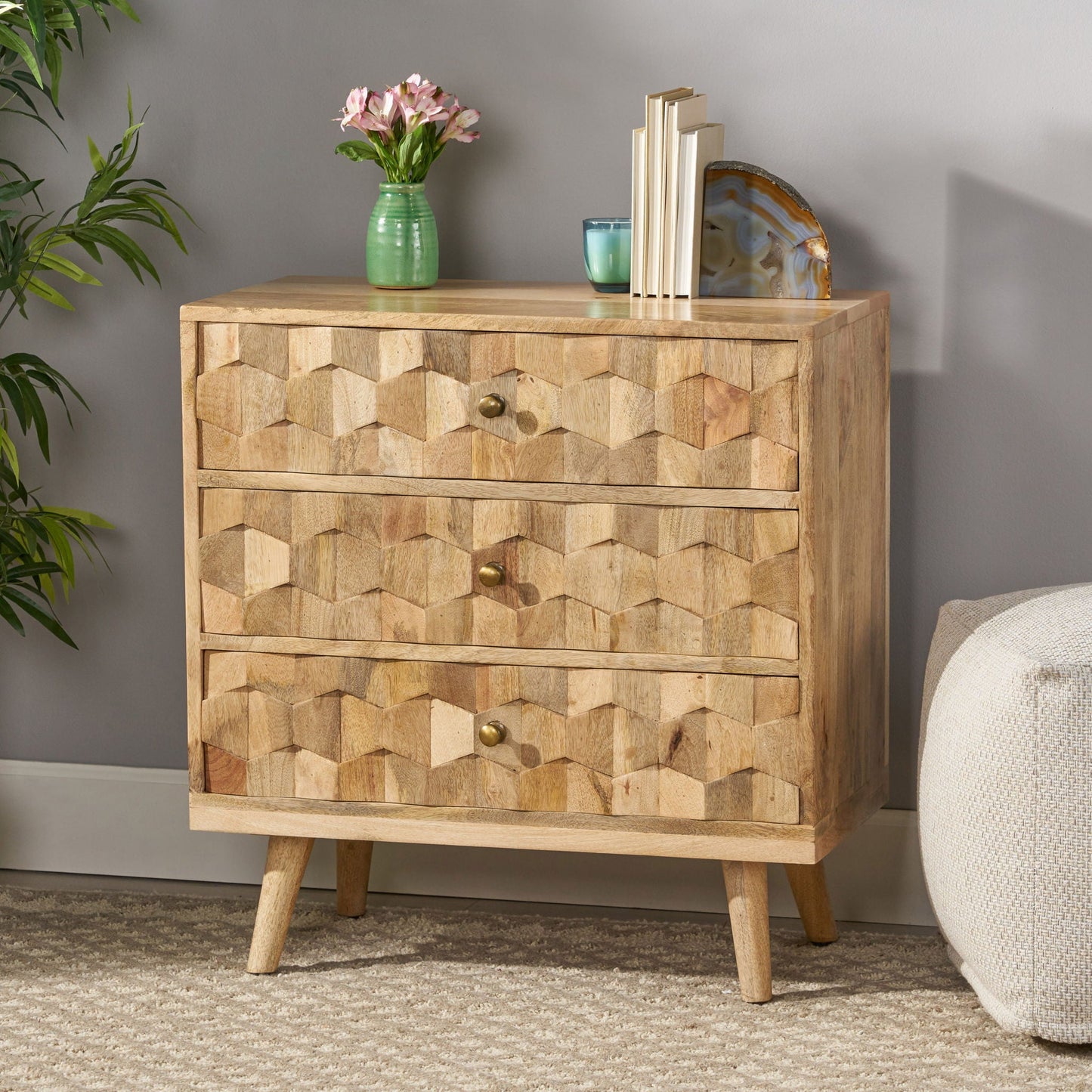 Mid Century Modern Mango Wood 3 Drawer Chest With 3D Tile Weave Design - Natural Noble House