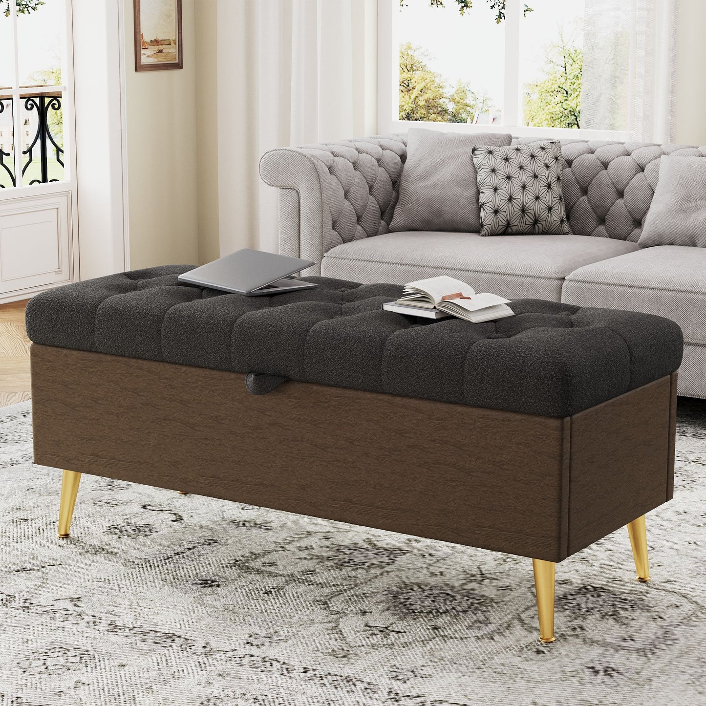 Modern Tufted Storage Ottoman Bench With Metal Legs Hearth and Haven