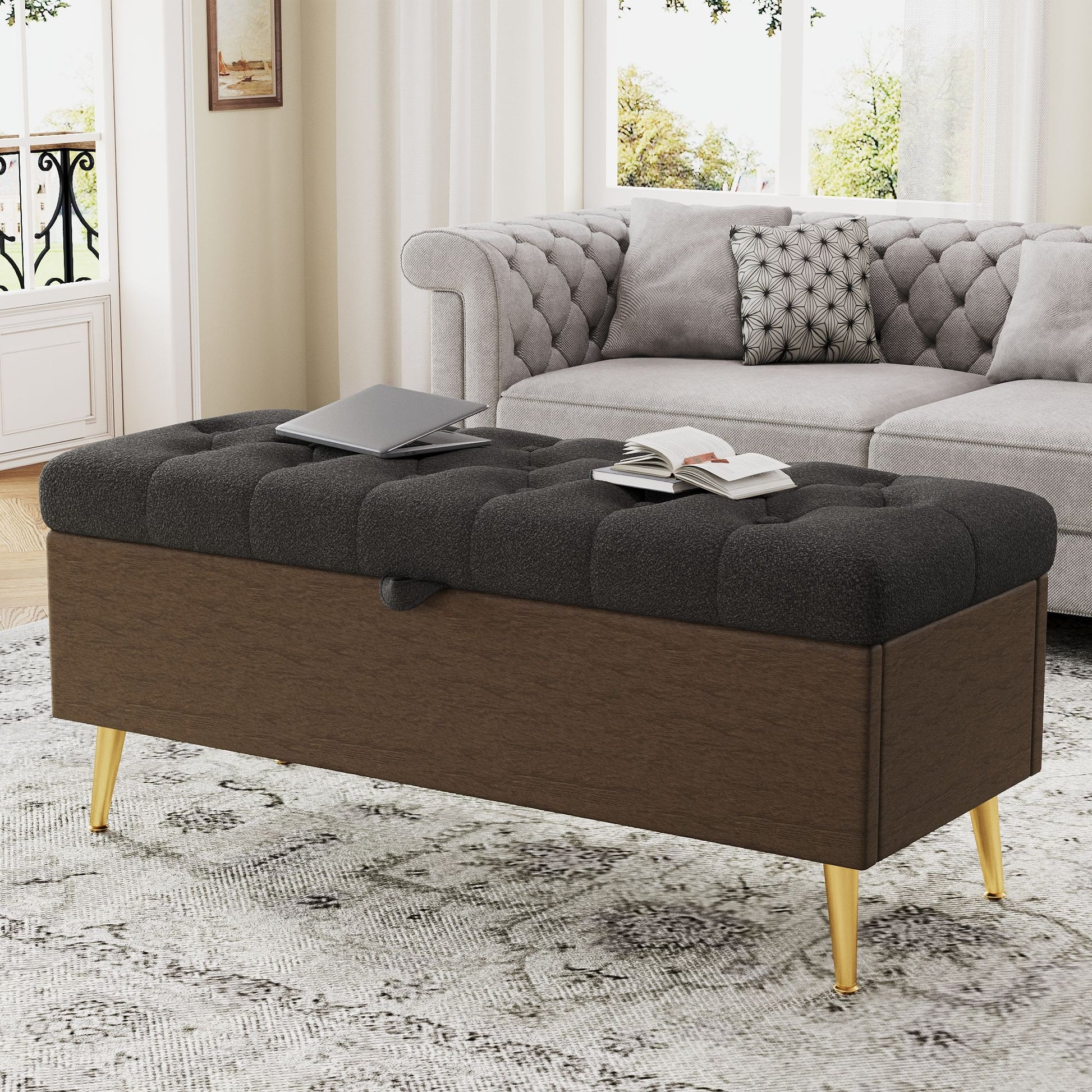 Modern Tufted Storage Ottoman Bench With Metal Legs Hearth and Haven