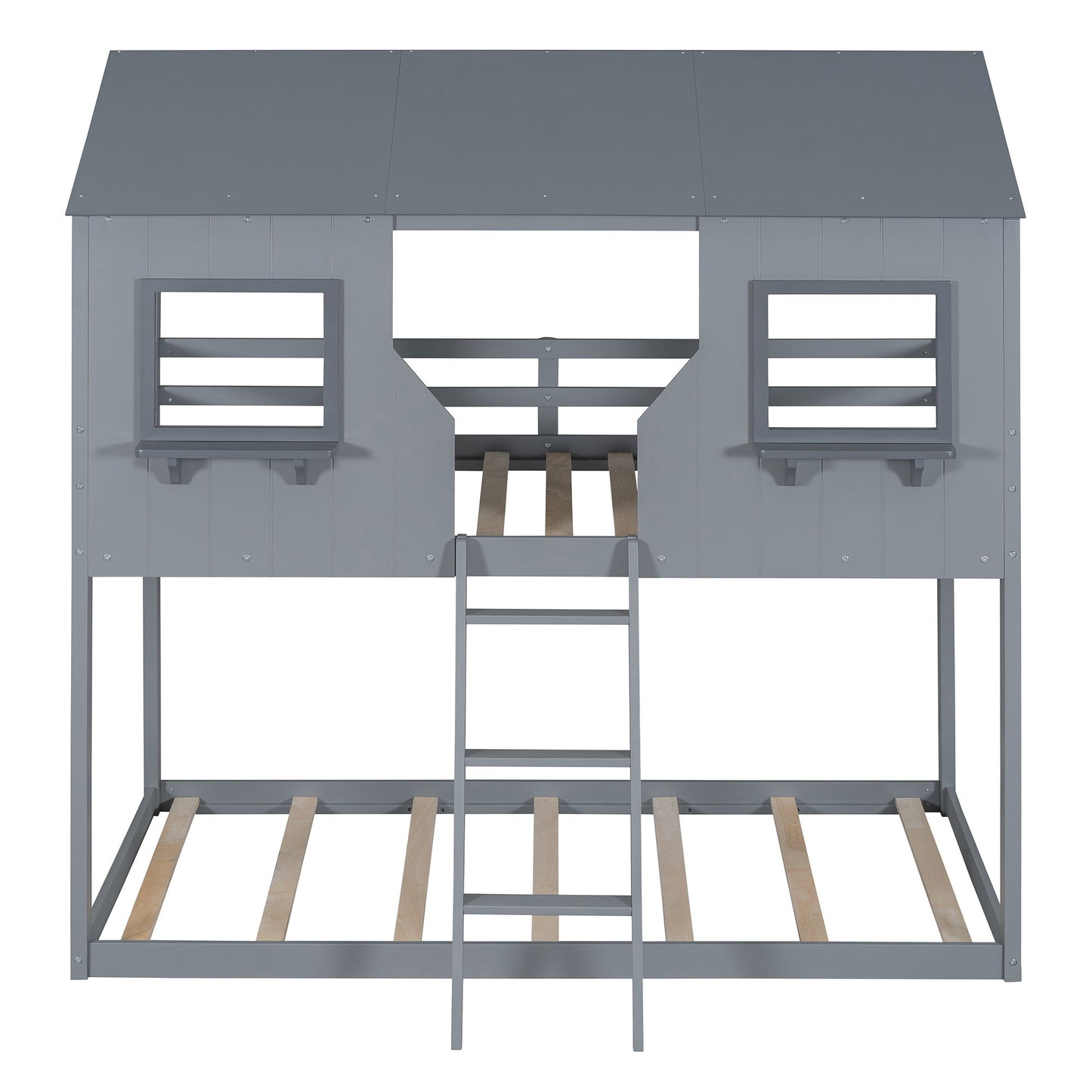 78" Twin Over Twin Bunk Bed Wood Bed With Roof, Window, Guardrail, Ladder - Gray