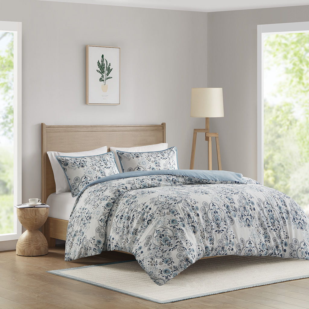 Brielle - 3 Piece Floral Printed Cotton Duvet Cover Set - Light Blue