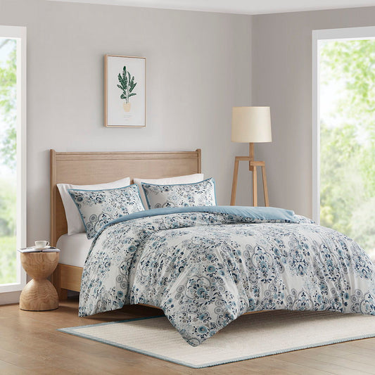 Brielle - 3 Piece Floral Printed Cotton Duvet Cover Set - Blue