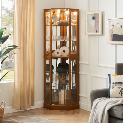 6 Shelf Corner Curio Display Cabinet With Lights, Mirrors And Adjustable Shelves (E26 Light Bulb Not Included)