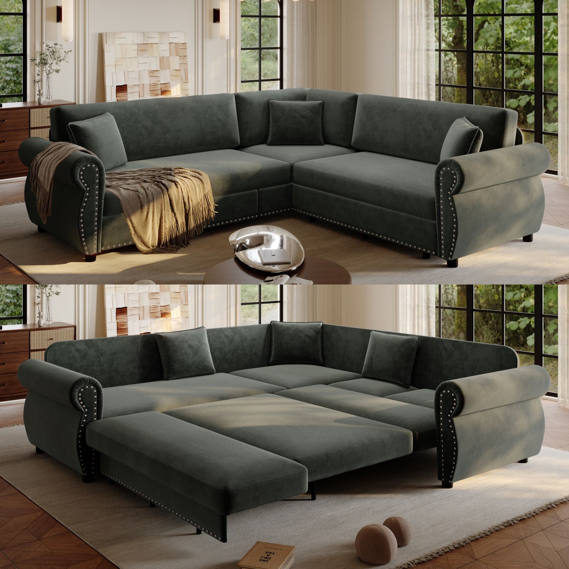 L-Shaped Sofa Couch With Pull-Out Bed Home Essentials
