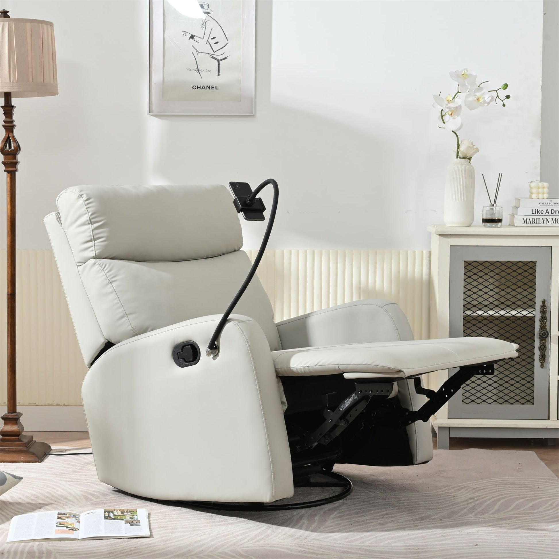 Rocking Recliner Chair, 360 Degree Swivel Nursery Rocking Chair, Glider Chair, Modern Small Rocking Swivel Recliner Chair For Bedroom, Living Room Chair Home Theater Seat, Phone Holder - Light Gray Home Essentials