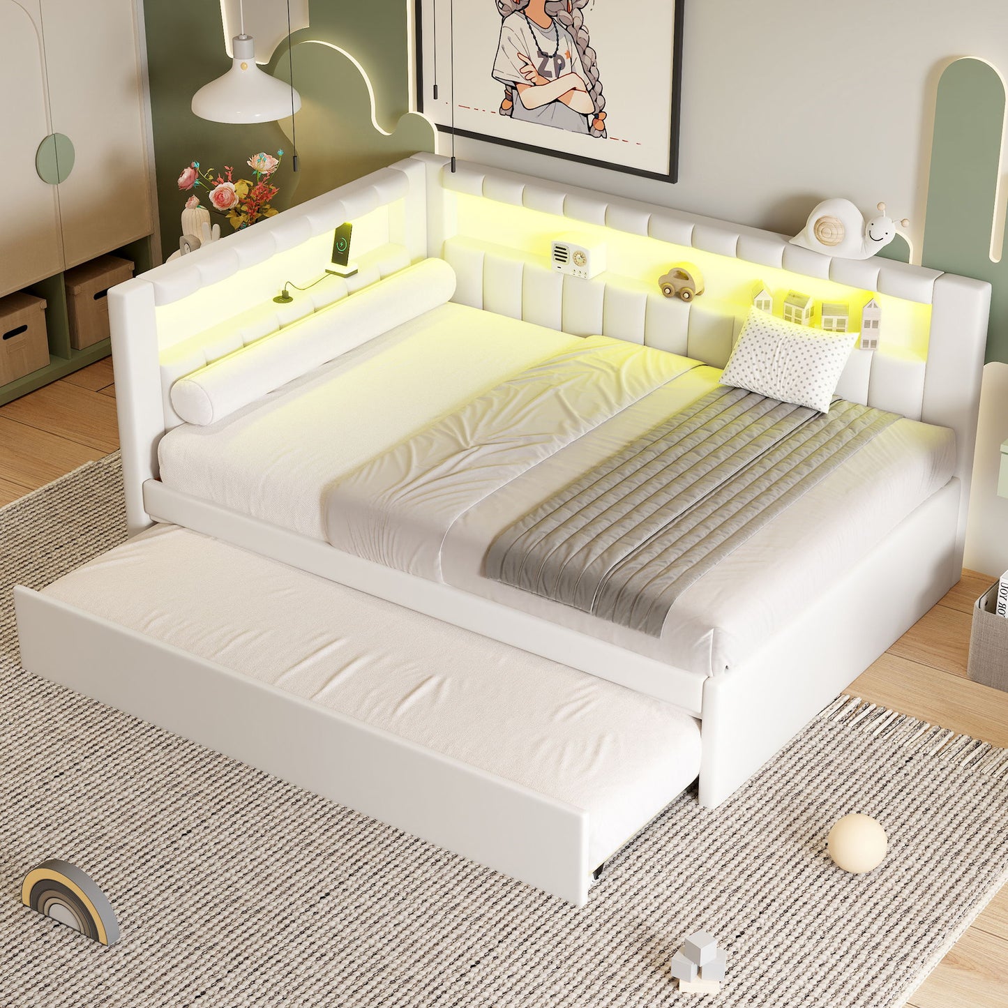 Upholstered Platform Bed With USB Ports And LED Belt Dreamland