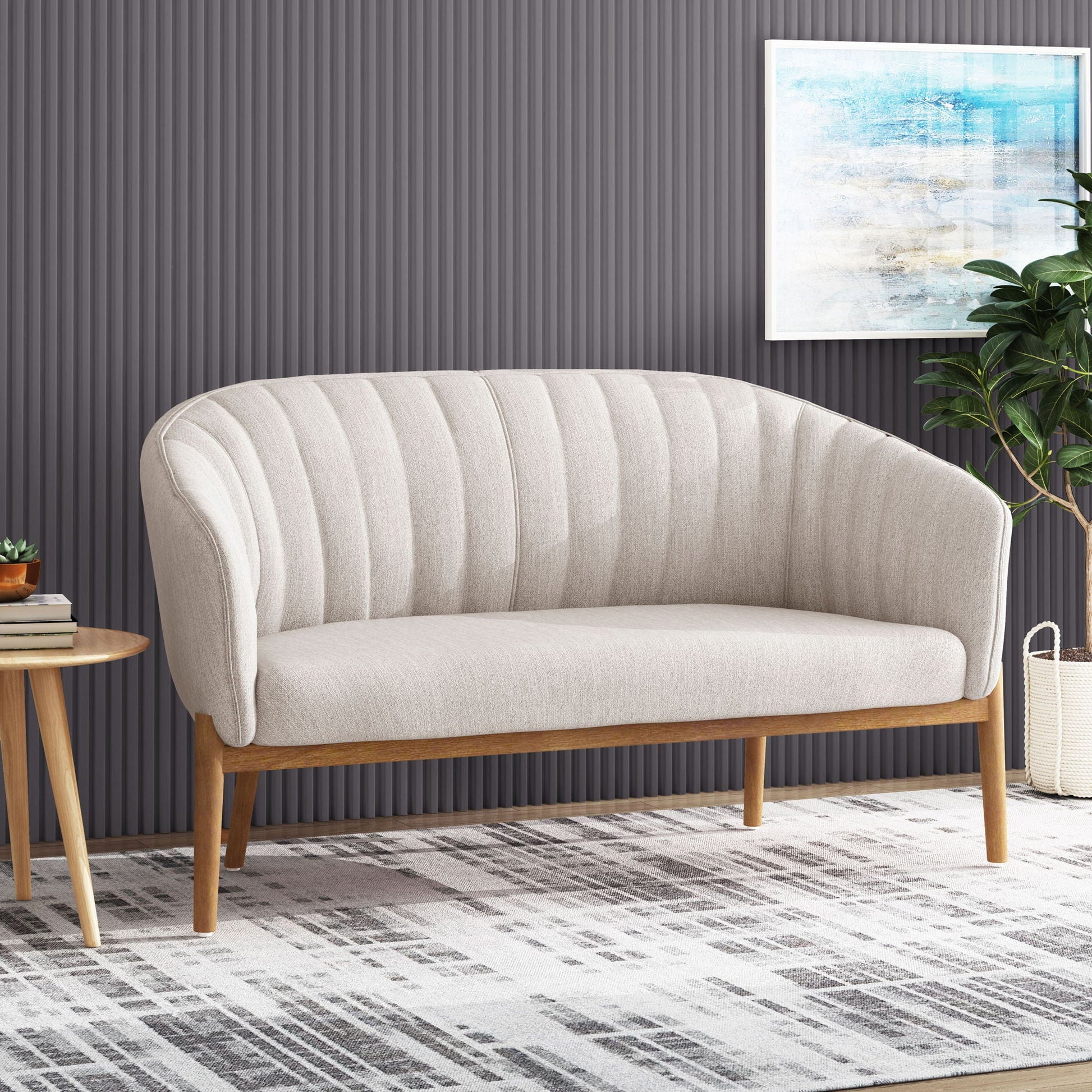 Mid Century Modern Loveseat With Channel Stitched Backrest Noble House