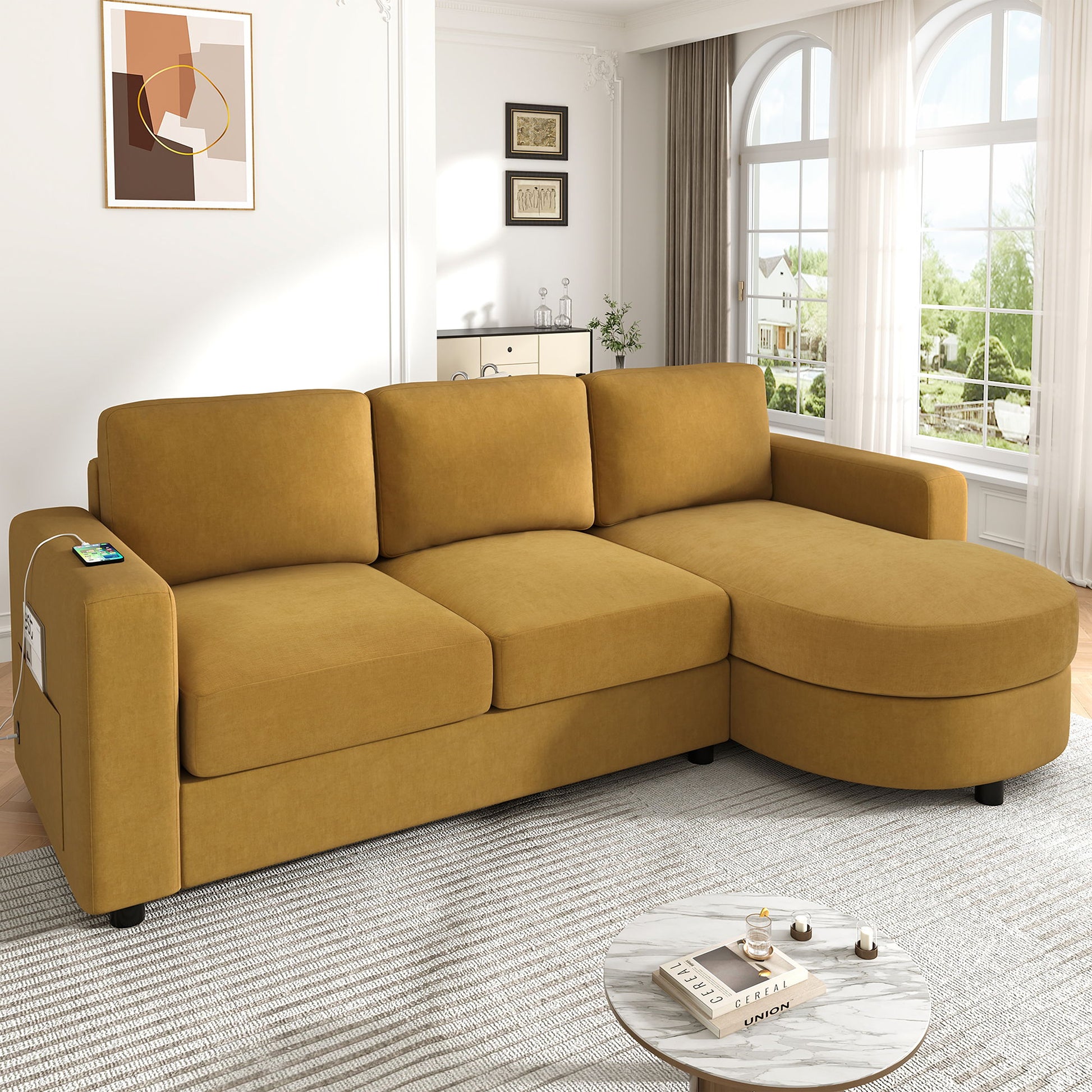 Modern L-Shaped Sectional Sofa With Curved Chaise, USB Ports, And Side Storage Pockets Hearth and Haven