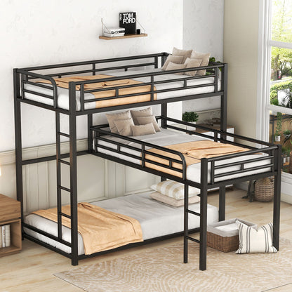 L-Shaped Triple Twin Size Bunk Bed, Industrial Design With Integrated Ladder And Full Length Guardrails - Black Hearth and Haven