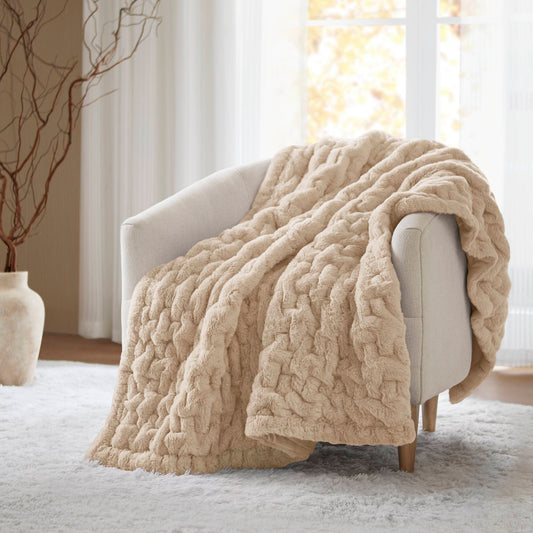 Ruched Fur - Throw - Tan Madison Park