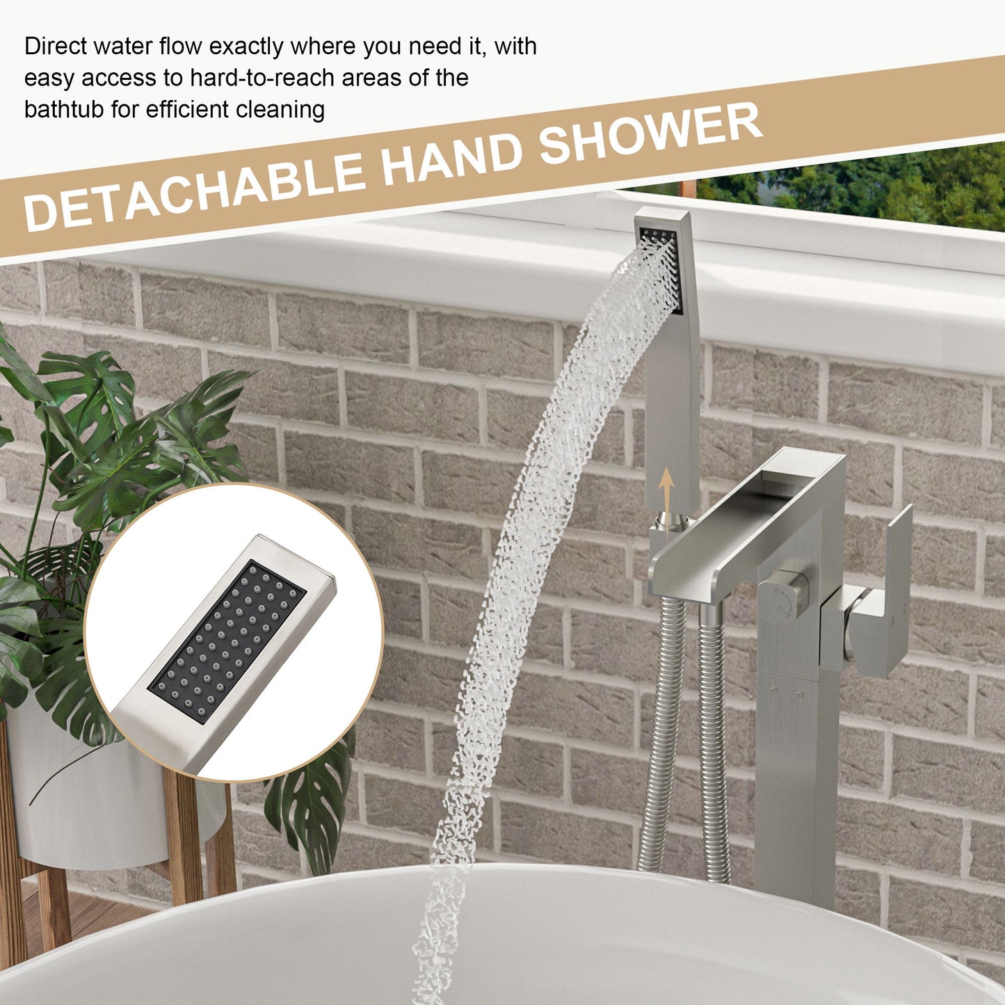 Freestanding Bathtub Faucet Waterfall Tub Filler Floor Mount Solid Brass With Hand Shower - Brushed Nickel Daily Nest