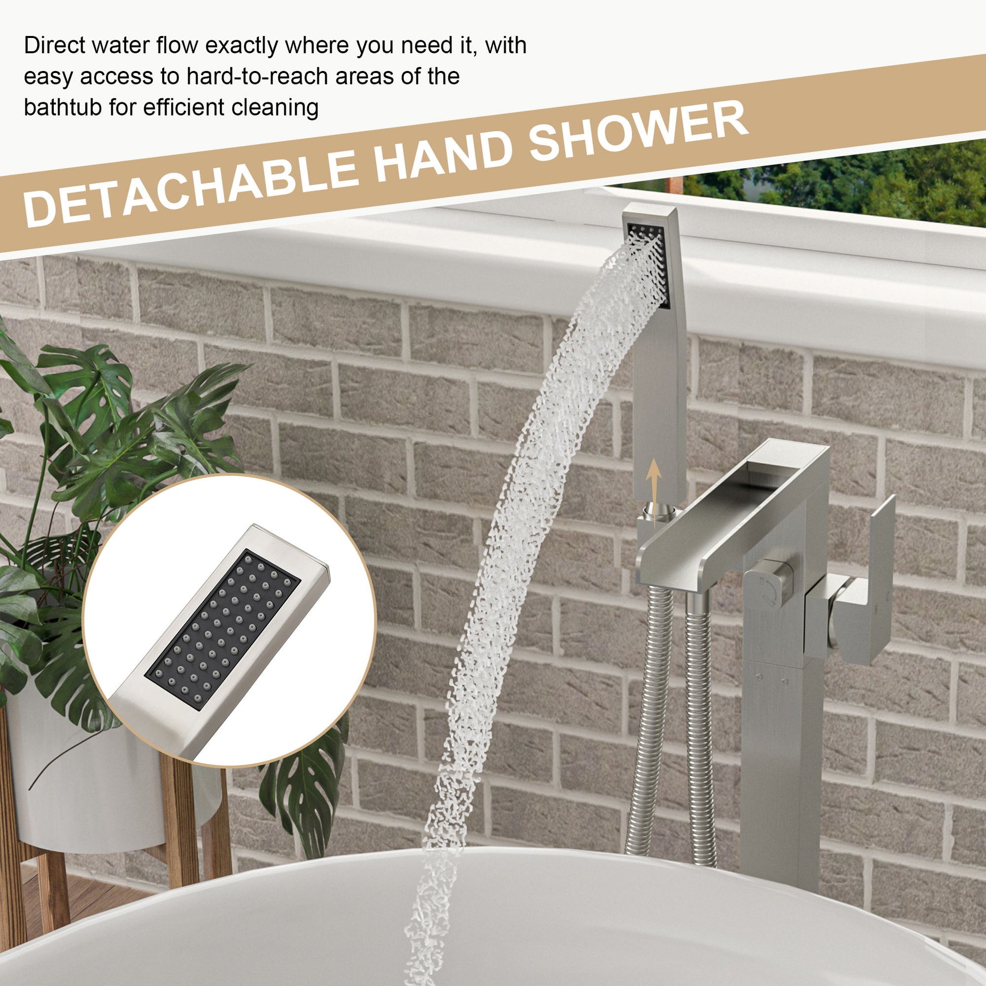 Freestanding Bathtub Faucet Waterfall Tub Filler Floor Mount Solid Brass With Hand Shower - Brushed Nickel Daily Nest