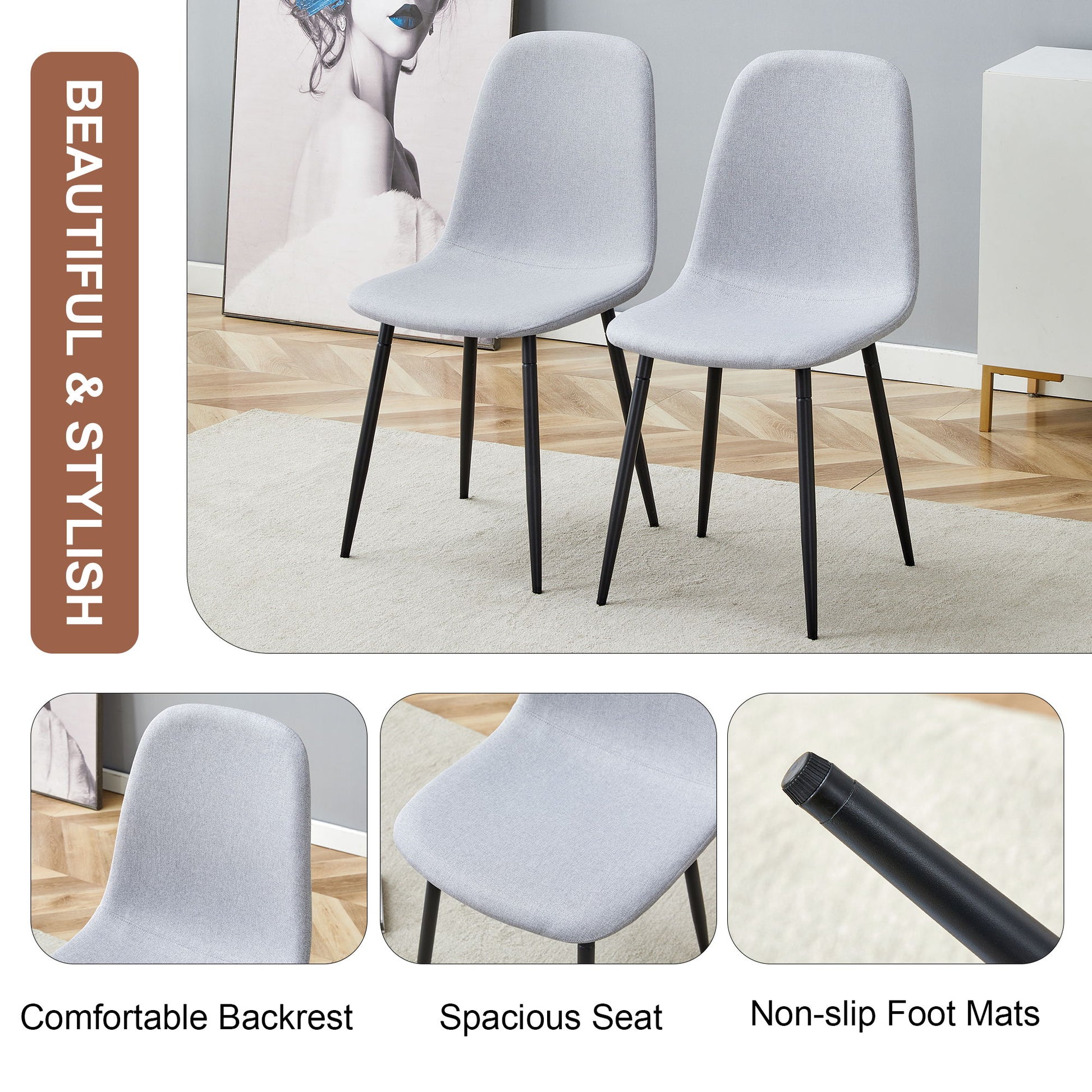 Modern Medieval Style Cushioned Side Chairs Set With Black Metal Legs For Kitchens Home Essentials