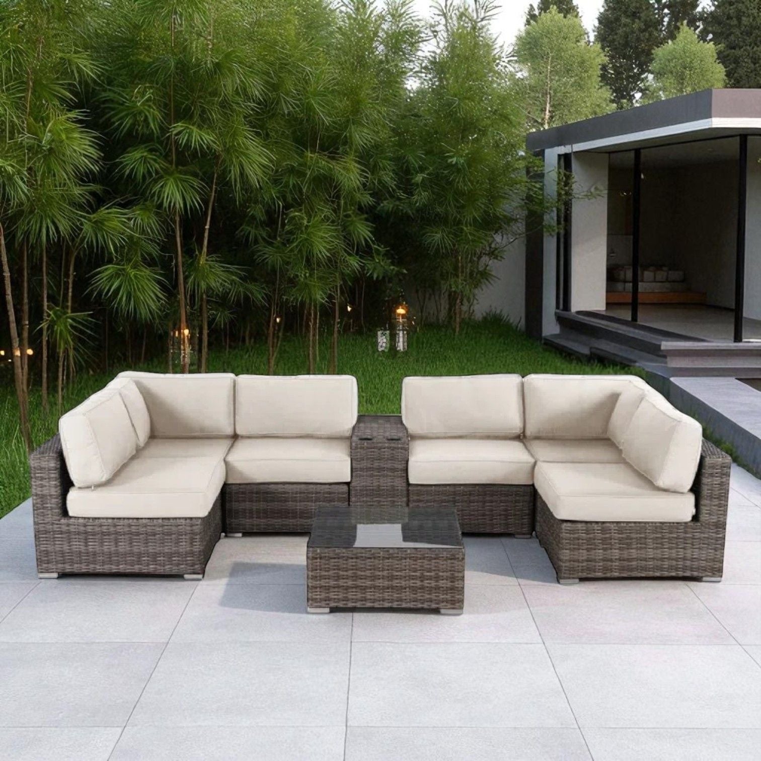 Elegant 4 Person Wicker Patio Seating Set With Cushions And Glass Top Table LSI Patio Furniture