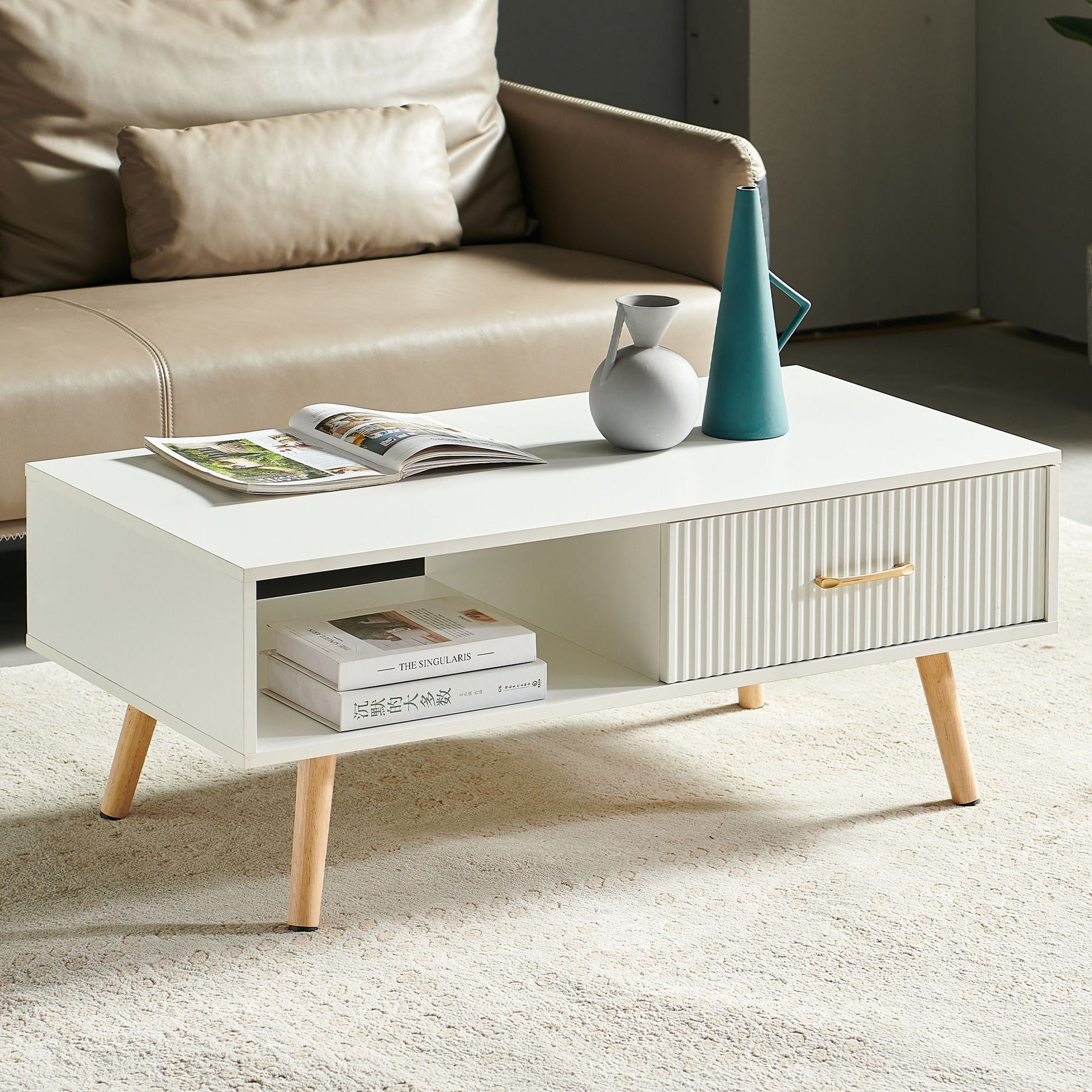 Modern Rectangle Coffee Table With Legs, Sliding Drawer For Storage - White Home Essentials