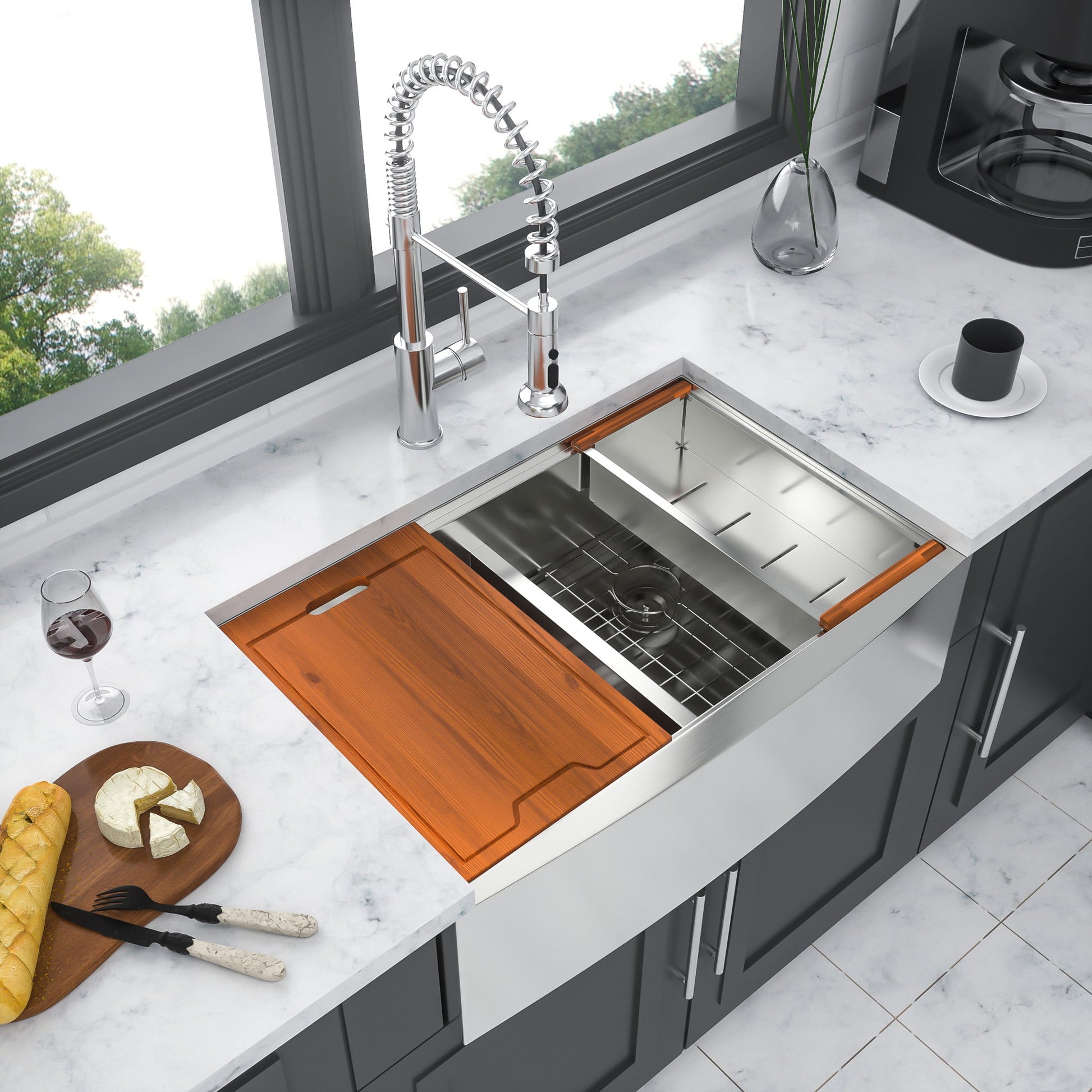 Farmhouse Double Bowl Workstation Kitchen Sink 33" Stainless Steel 16 Gauge Apron Front, Finish - White Daily Nest