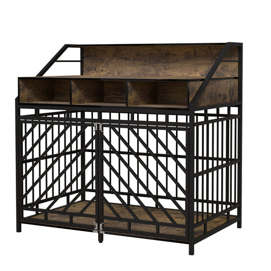 Wooden Dog Crate Furniture With Divider And Storage Drawers For Large Dogs - Rustic Brown Daily Nest