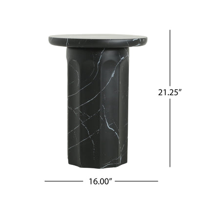 Outdoor Lightweight Concrete BMarble Effect Side Table, Living Room End Table - Black / Marble Noble House