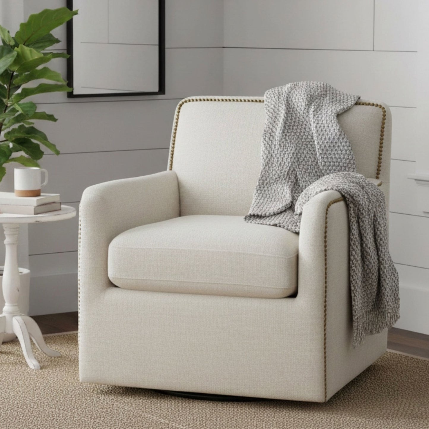 Tolland - Swivel Accent Chair With Antique Brass Nailhead Trim - Cream Ridgecrest Home