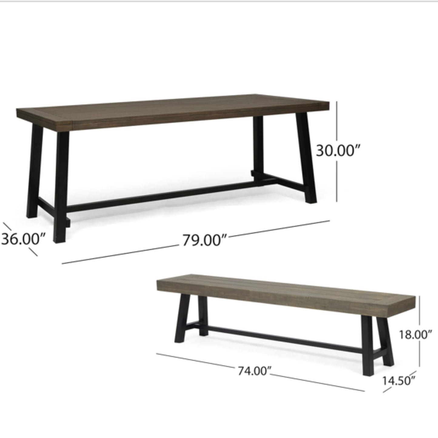 Outdoor 3 Piece Picnic Dining Set - Gray / Rustic Metal Noble House
