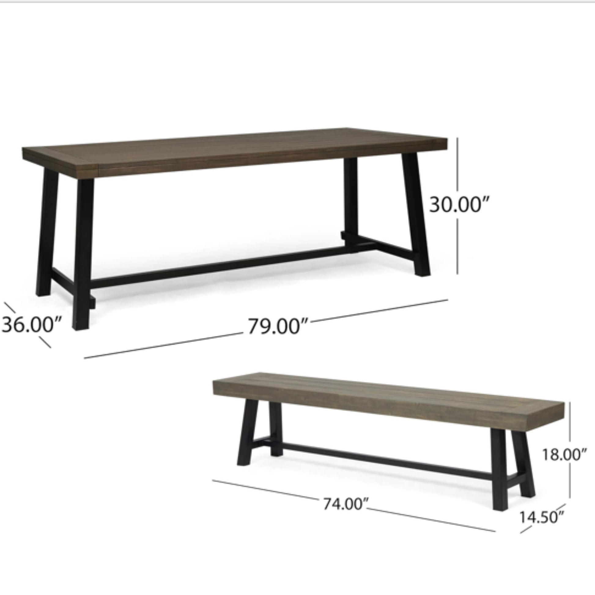Outdoor 3 Piece Picnic Dining Set - Gray / Rustic Metal Noble House