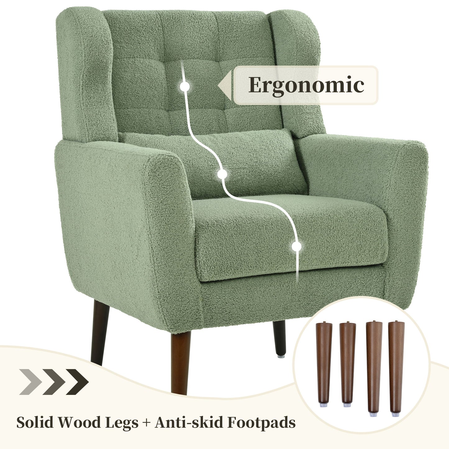 Modern Accent Chair, Teddy Fabric Living Room Chairs Comfy Reading Chair, Mid Century Accent Chair, Lounge Arm Chairs Armchair For Living Room Bedroom - Light Green Home Essentials