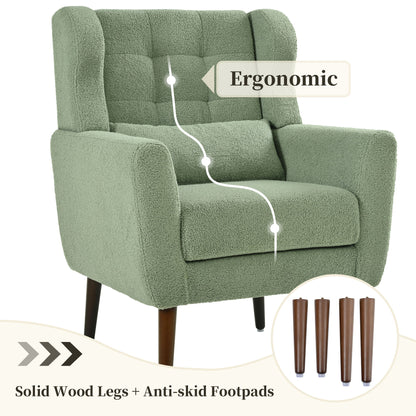 Modern Accent Chair, Teddy Fabric Living Room Chairs Comfy Reading Chair, Mid Century Accent Chair, Lounge Arm Chairs Armchair For Living Room Bedroom - Light Green Home Essentials