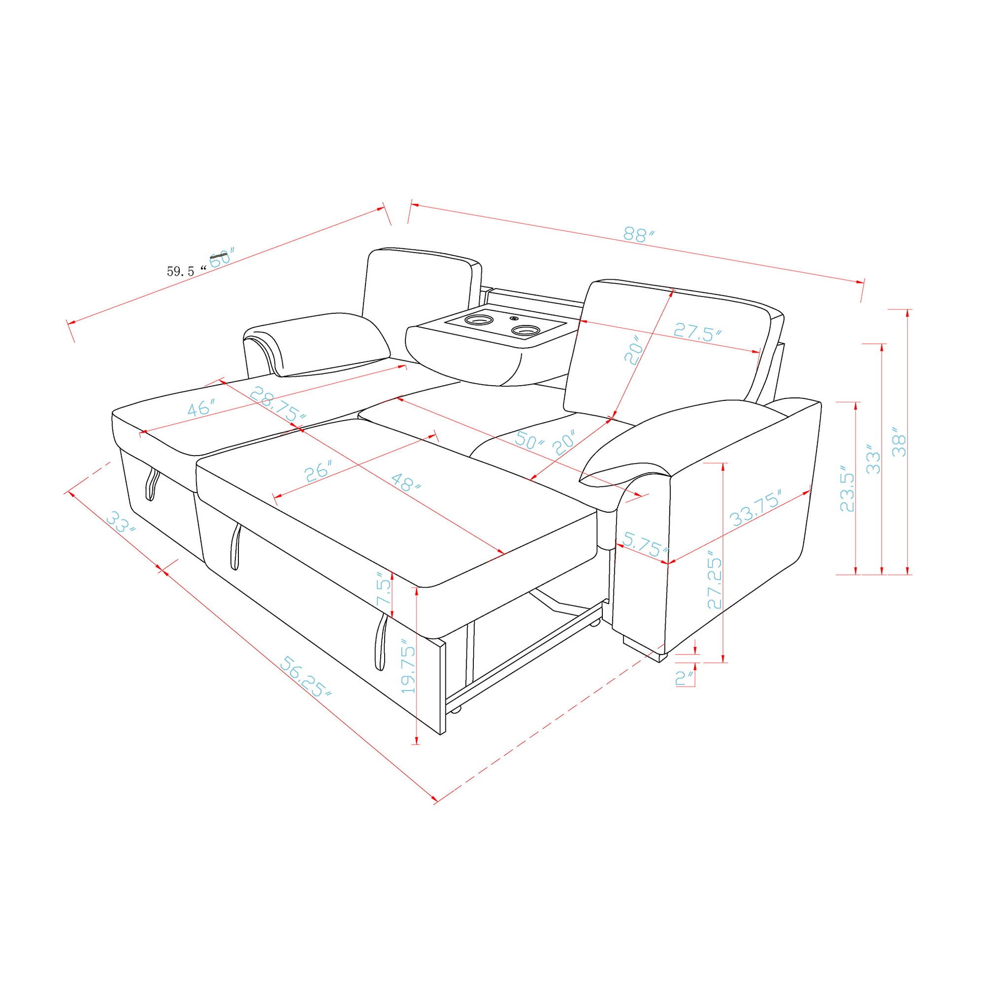 Rebecca - Sofa With Pull Out Bed, Storage Chaise, USB And Cup Holders - Dark Gray Global Furniture USA
