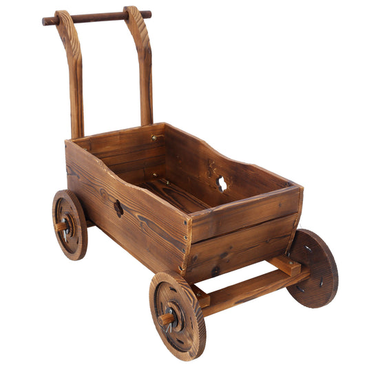 Wooden Wagon Planter Box Mobile Garden Planter With Wheels Handle Drain Hole Wood - Brown Daily Nest