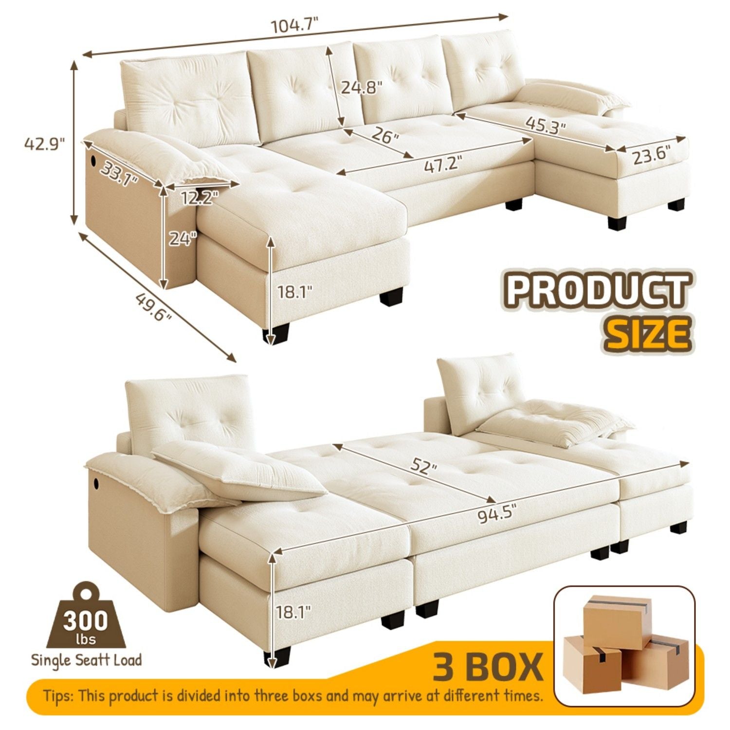 U-Shaped Sleeper Sofa With Pull Out Bed Home Essentials