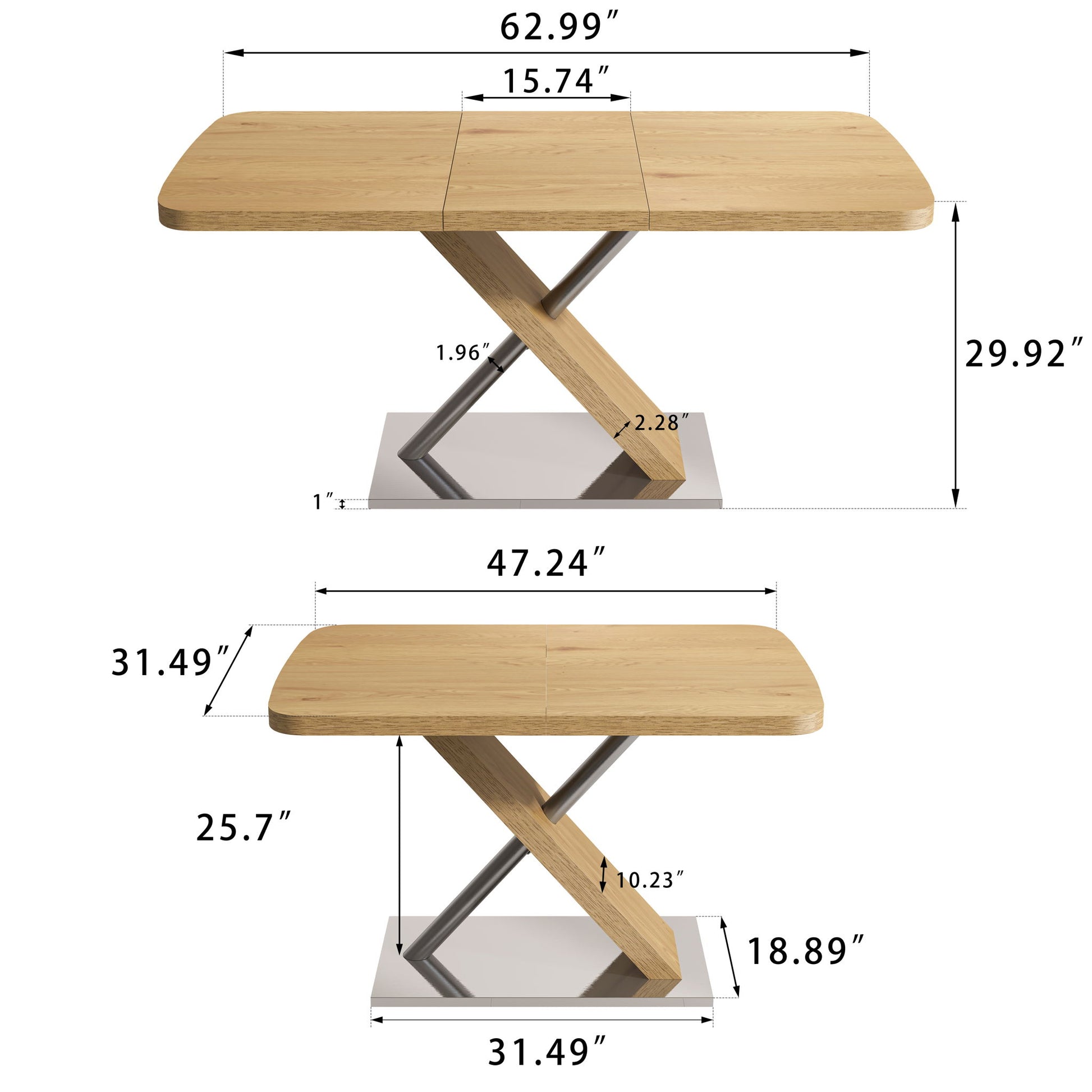 Retractable Square Dining Table, Seating 4 - 6 People, Cross Base With Stainless Steel Tubing, Expandable - Natural Home Essentials