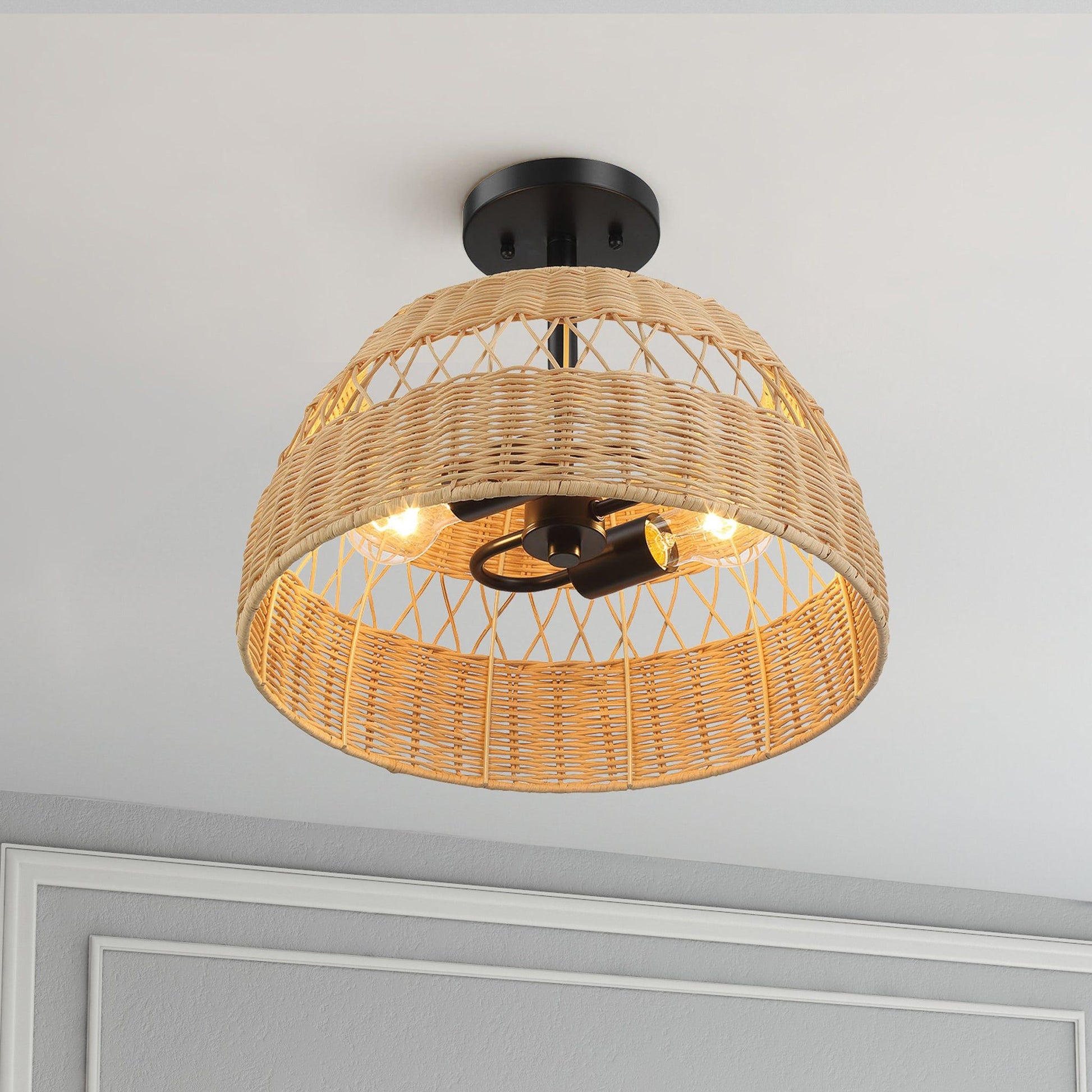 Twinkle - Double Lights Semi Flush With Shade - Black / Rattan Ashcroft Furniture