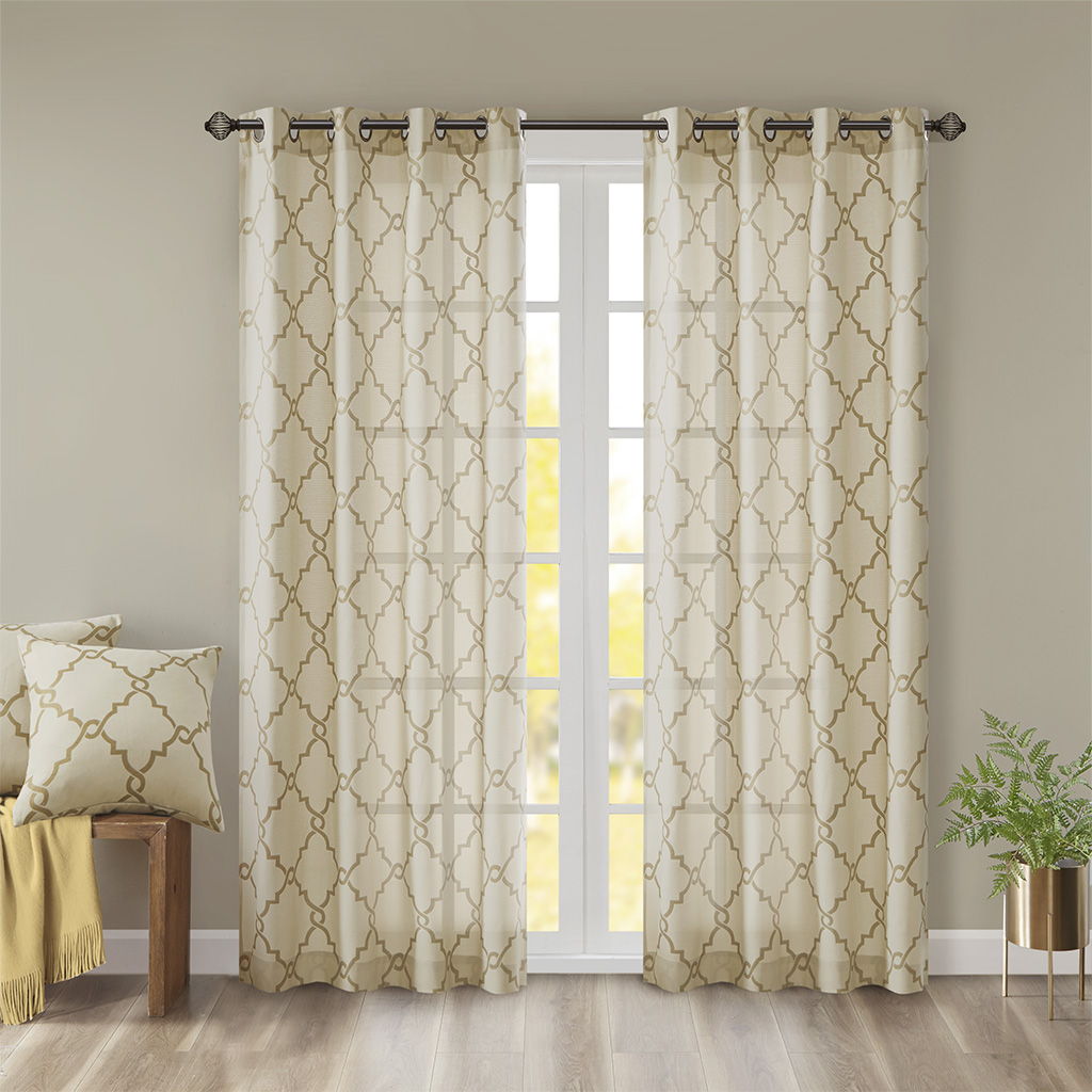 Saratoga - 108" Fretwork Print Grommet Top Window Curtain - Beige / Gold