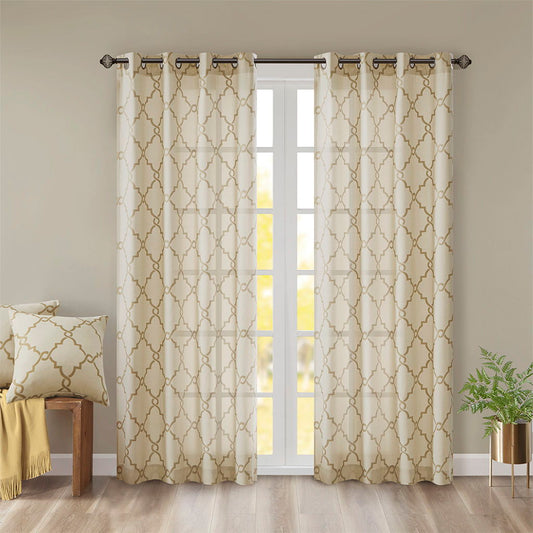 Saratoga - 108" Fretwork Print Grommet Top Window Curtain - Beige / Gold