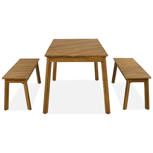 3 Pieces Acacia Wood Table Bench Dining Set For Outdoor & Indoor Furniture With 2 Benches, Picnic Beer Table For Patio, Porch, Garden, Poolside - Natural Hearth and Haven